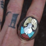 Vintage Sterling Zuni Inlay Ram Ring 12.75