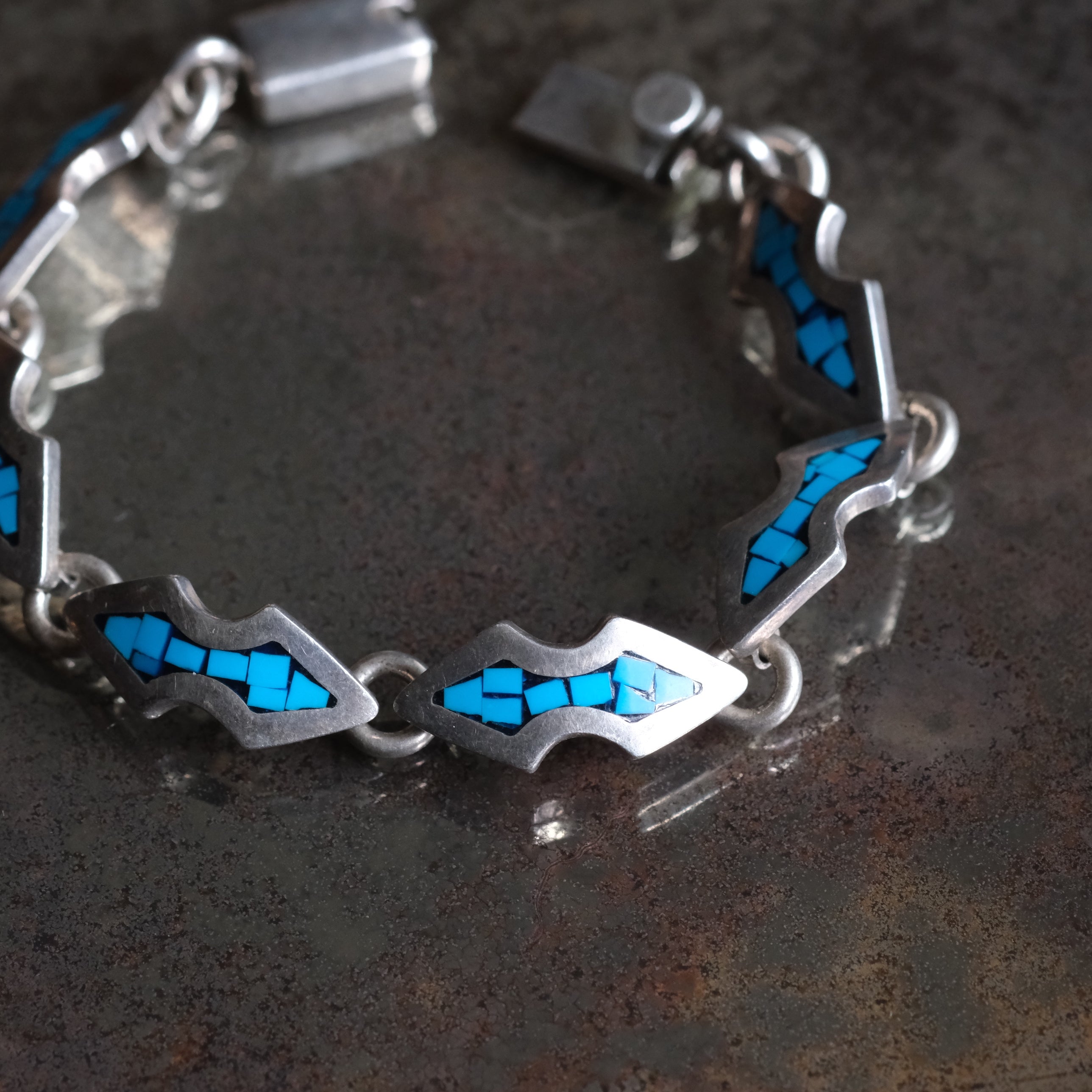 Vintage Sterling Turquoise Chip Inlay Bracelet 6.5"