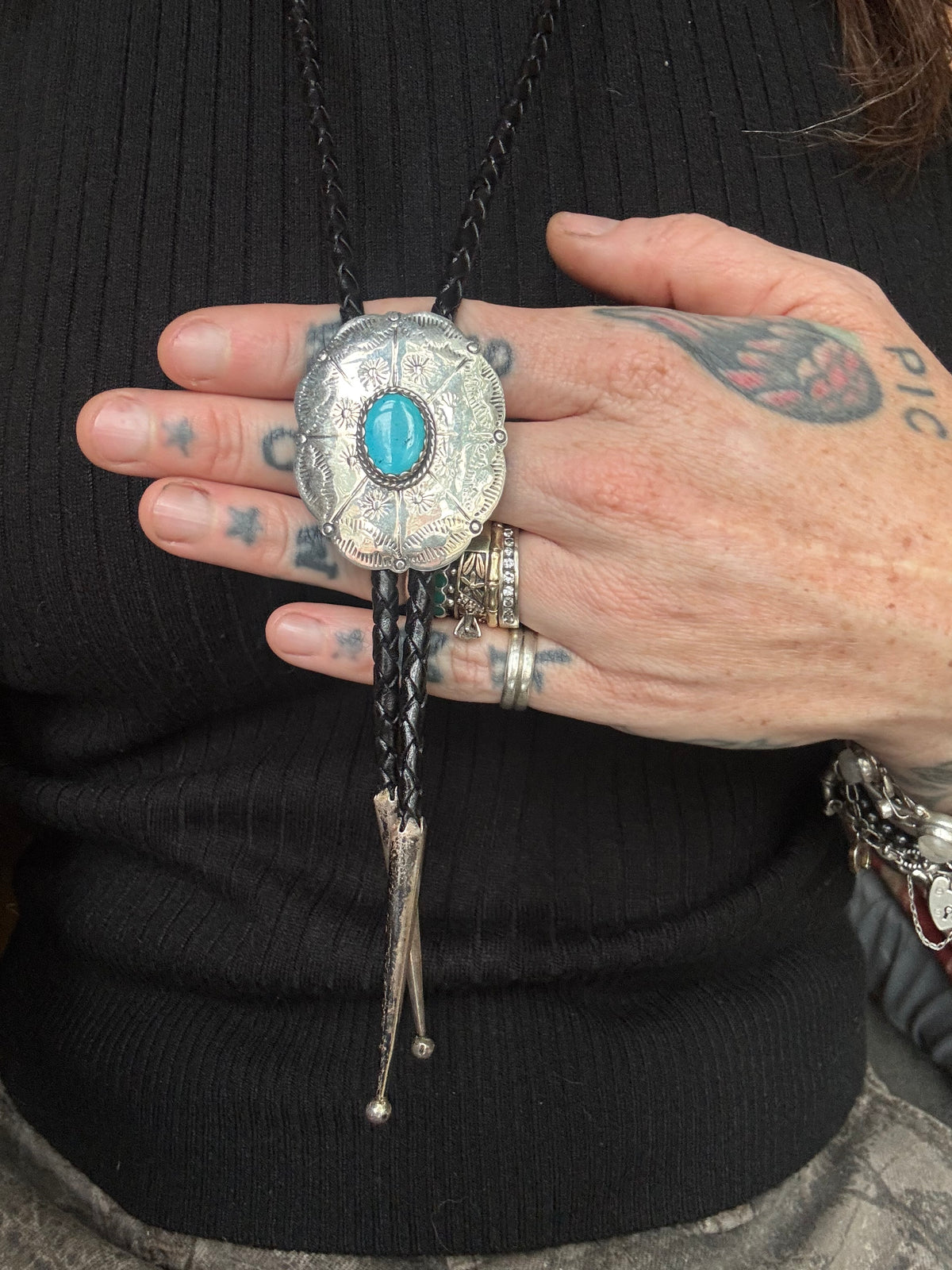 Vintage Sterling SilverTurquoise Stamped Concho Bolo