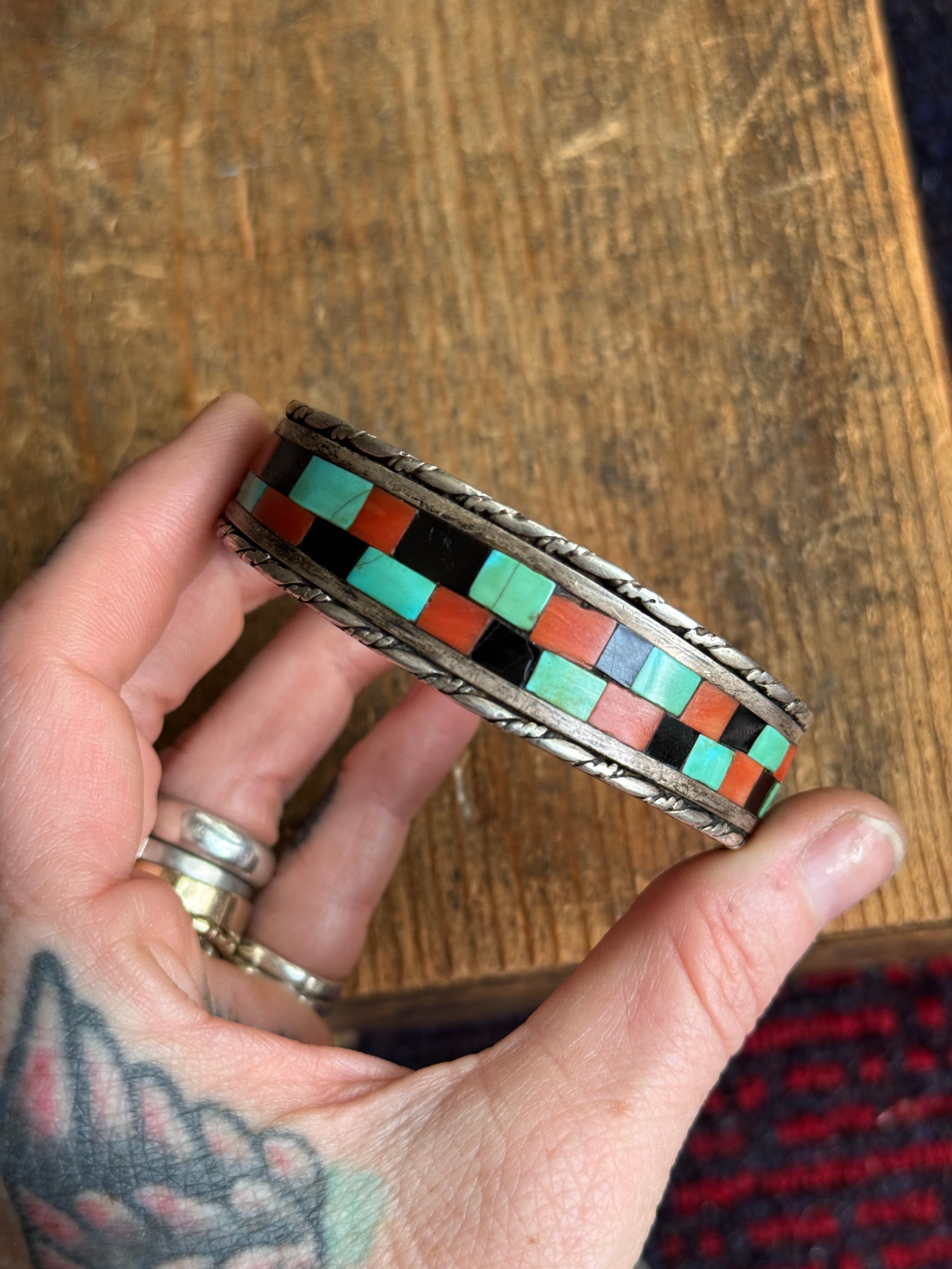 Vintage Sterling Silver Coral Onyx & Turquoise Inlay Cuff