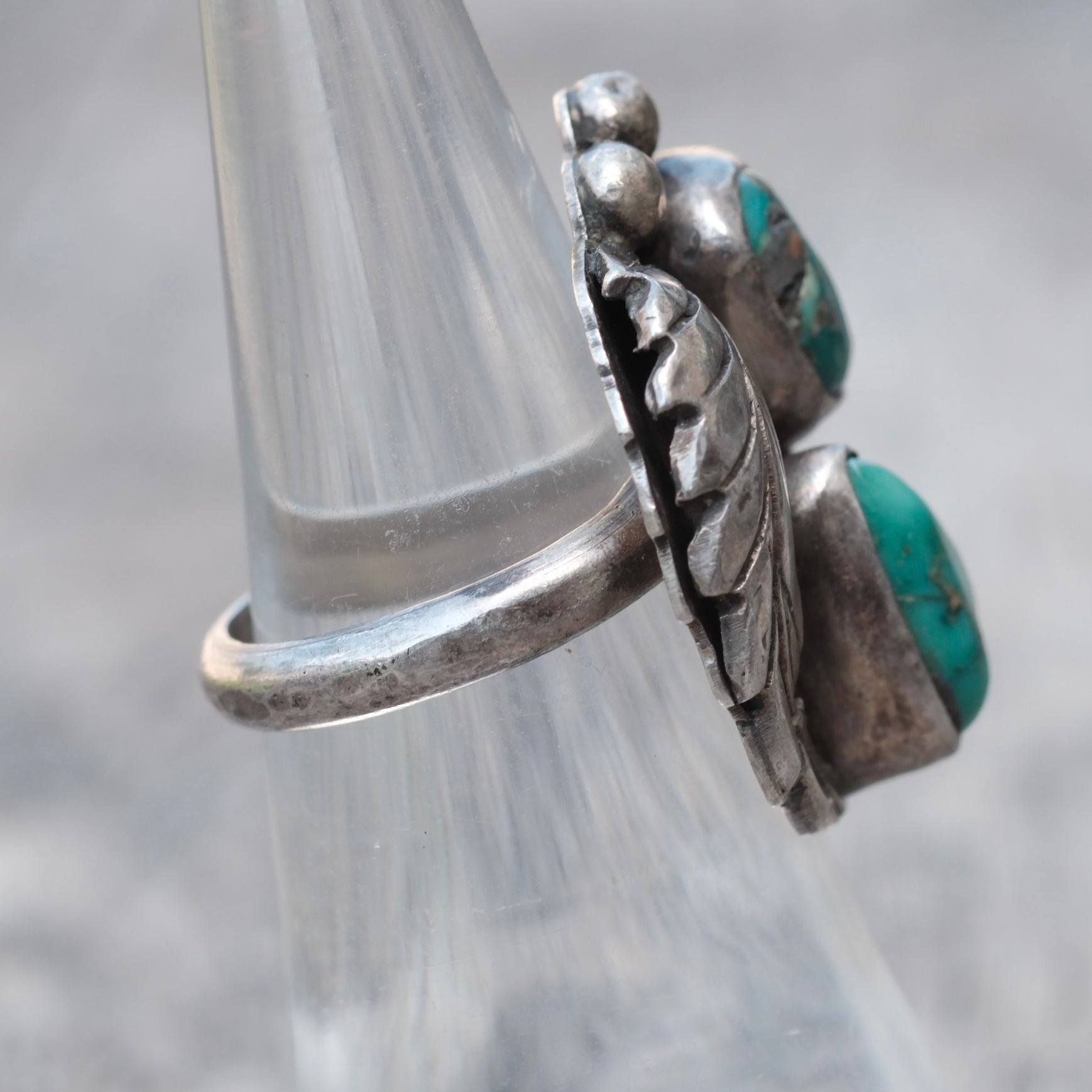 Vintage Sterling 2-Stone Turquoise Feather Ring 5.5