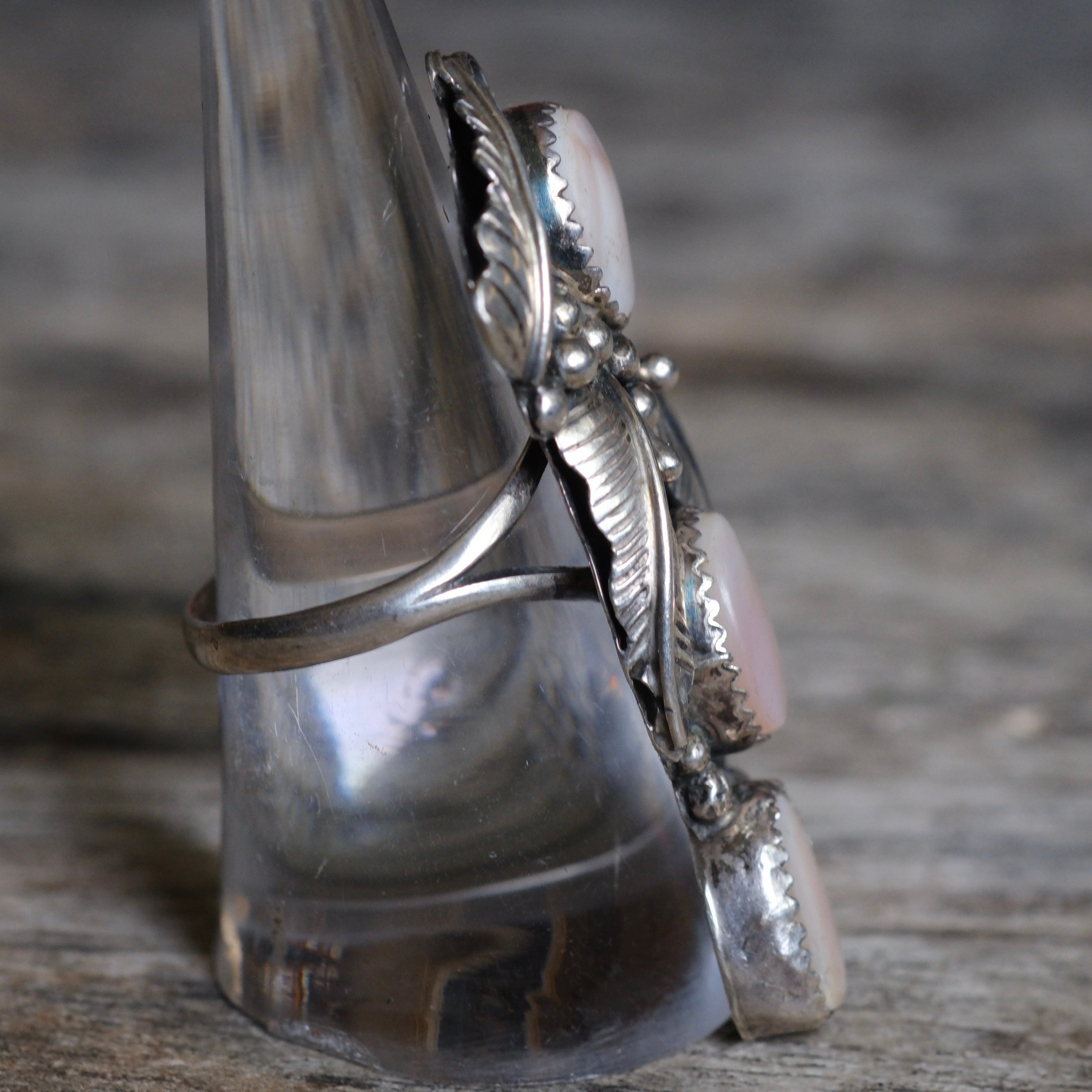 Huge Vintage Sterling 3- Stone Mother Of Pearl Feather Ring 9