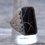 Vintage Sterling Onyx Inlay Ribbed Band Ring 10.5