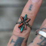 Vintage Sterling Turquoise and Coral Cluster Ring 4.5