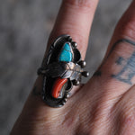 Vintage Sterling Turquoise and Coral Feather Ring 5.25