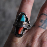 Vintage Sterling Turquoise and Coral Feather Ring 5.25