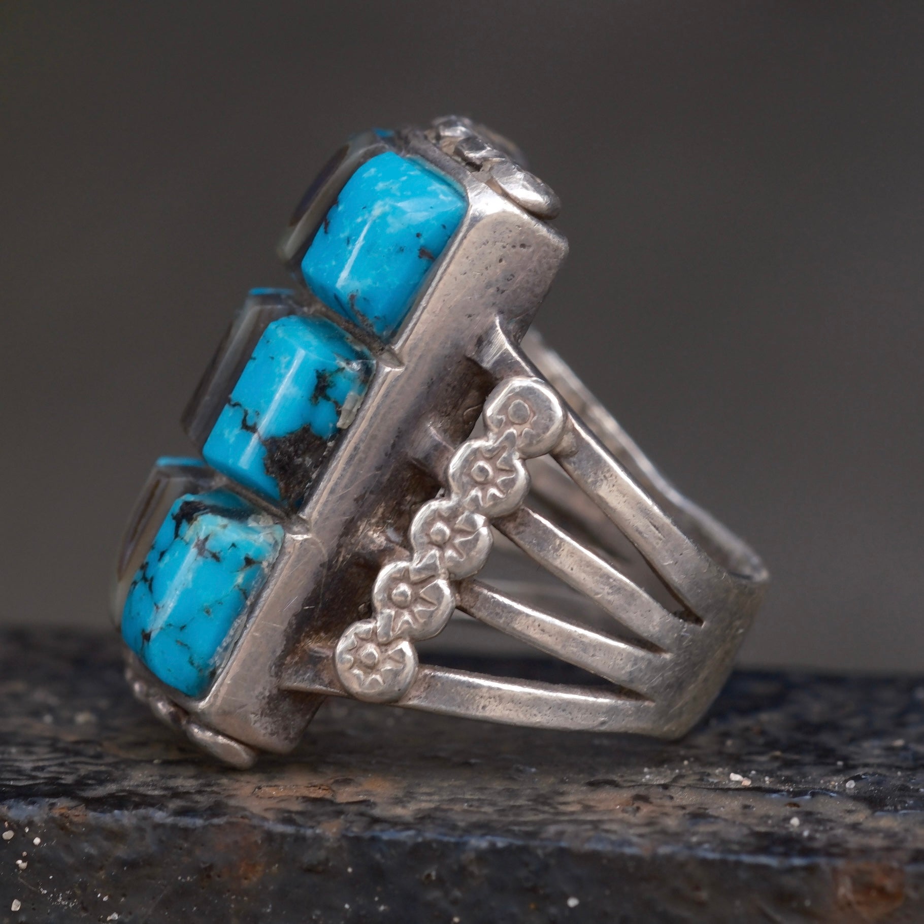 Vintage Sterling Turquoise and Abalone Inlay Panel Ring 9