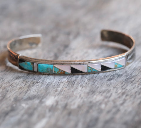 Vintage Sterling Multi Stone Inlay Cuff