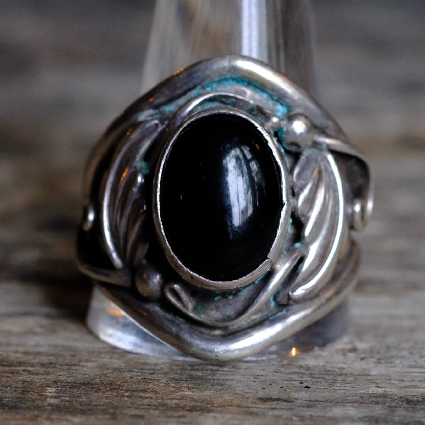 Vintage Sterling Onyx Feather Ring 14.5