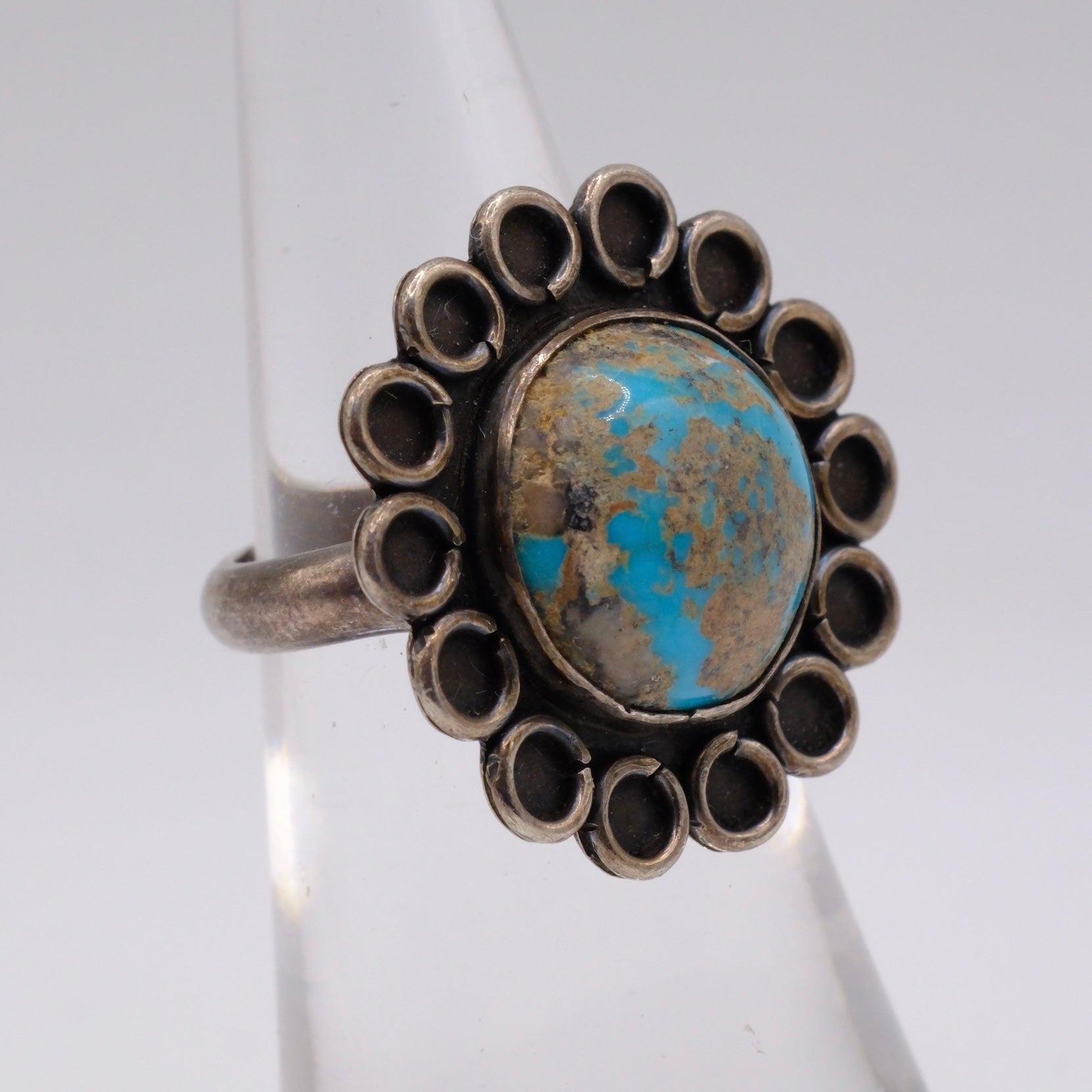 Vintage Sterling Turquoise Florette Ring 4.75