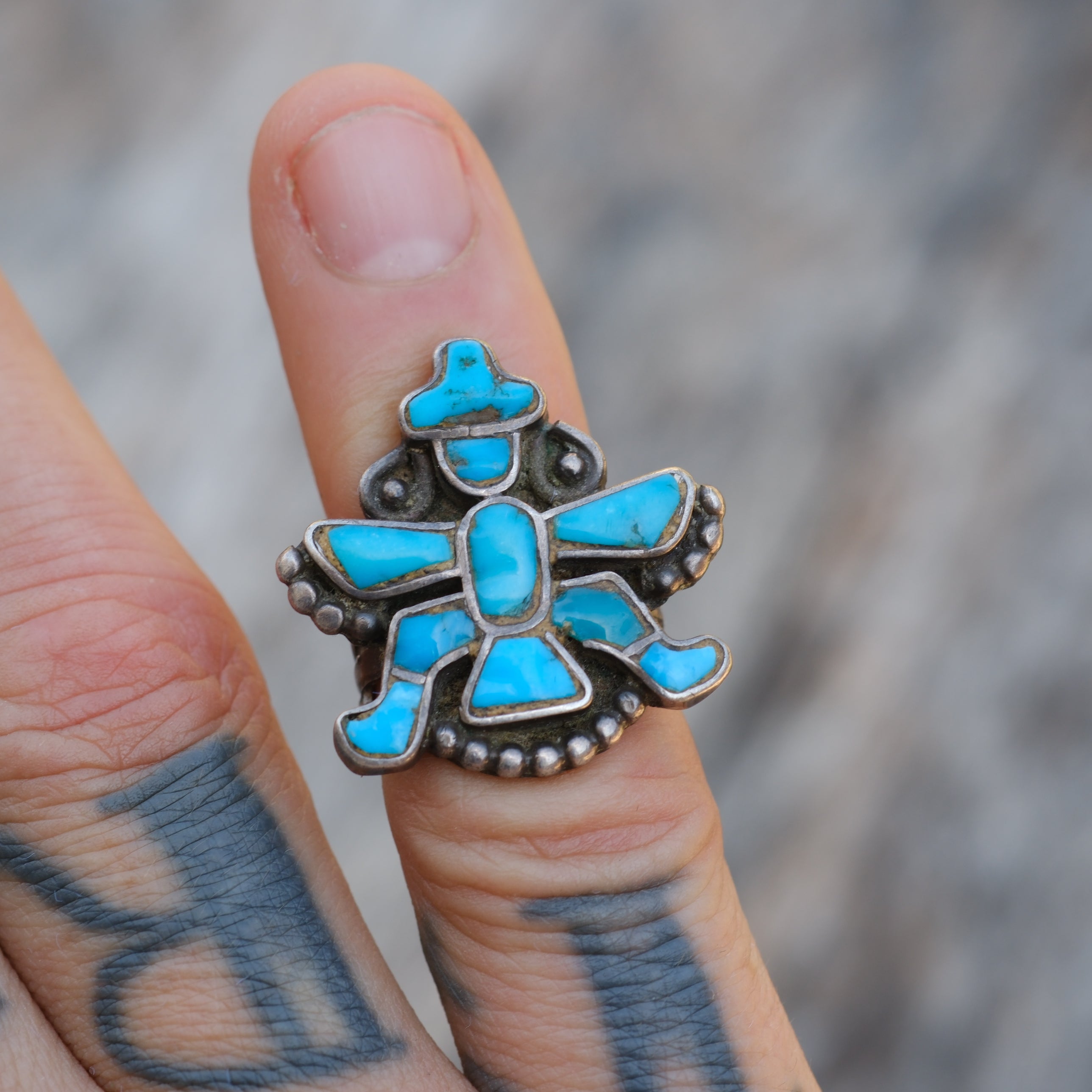 Vintage Sterling Turquoise Kachina Inlay Ring 2.75