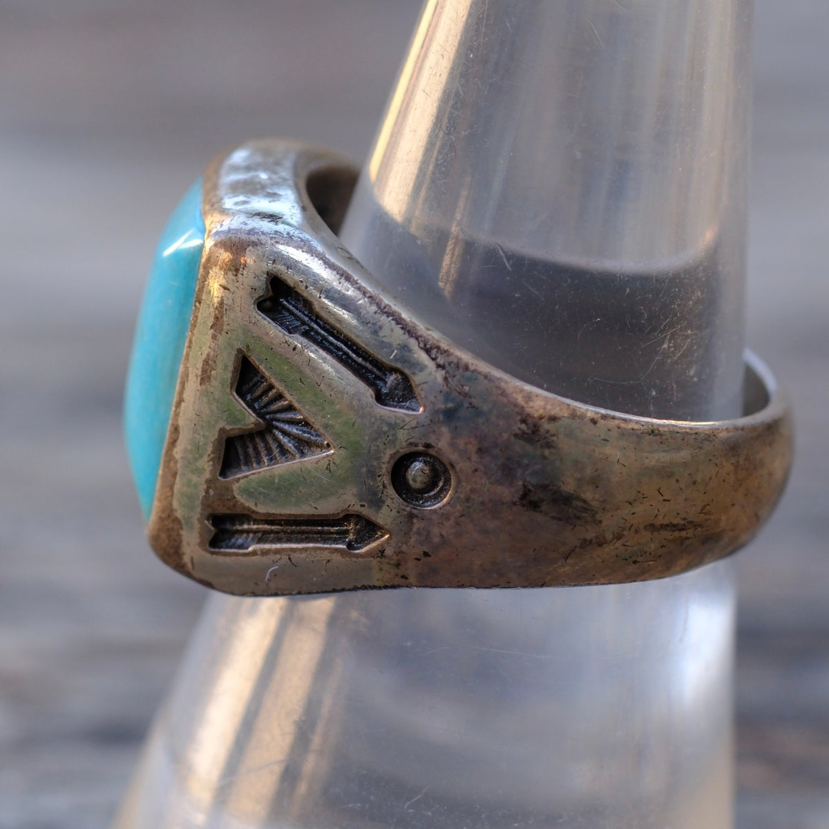 Vintage Sterling Turquoise Stamped Arrows Trading Post Ring Ring 8.75