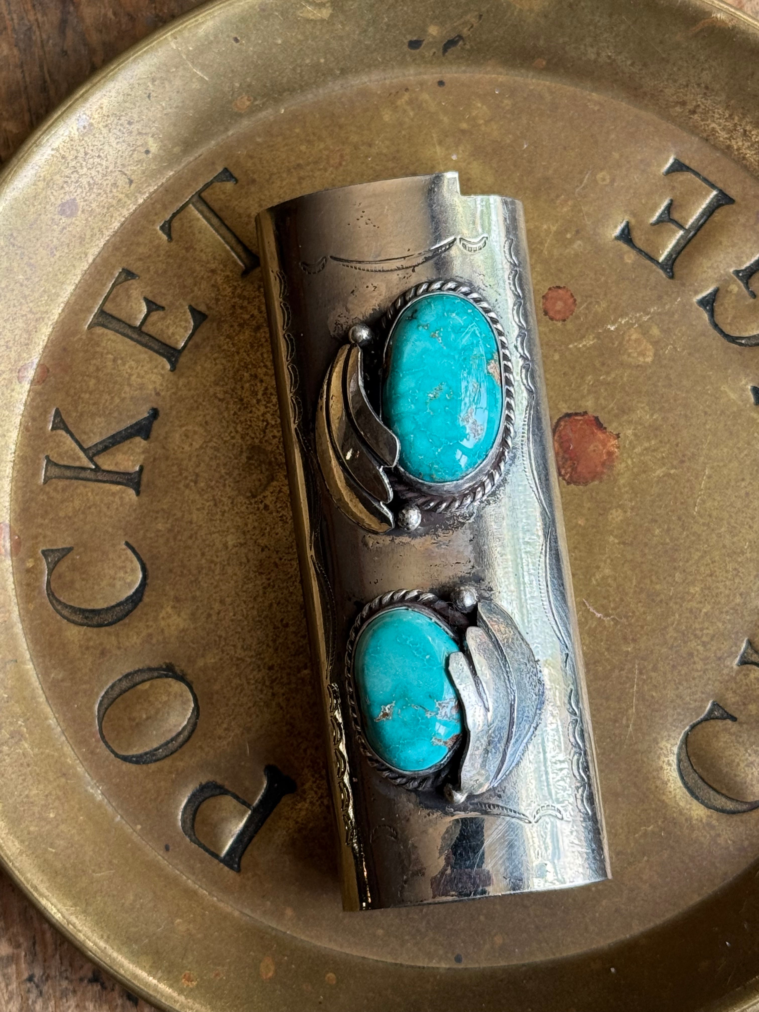 Vintage Stamped Nickel & Sterling Silver Turquoise Lighter Case