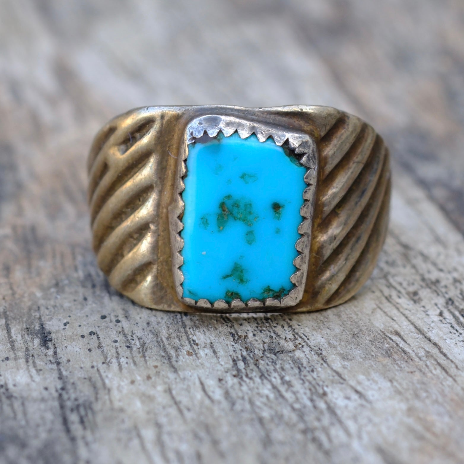 Vintage Sterling Turquoise Stamped Band Ring 10.5