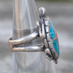 Vintage Sterling Turquoise and Coral Turtle Ring 5