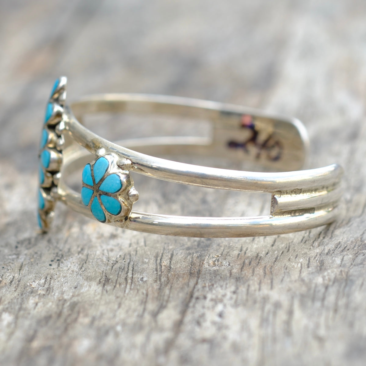 Vintage Sterling Turquoise Inlay Flower Cuff Bracelet