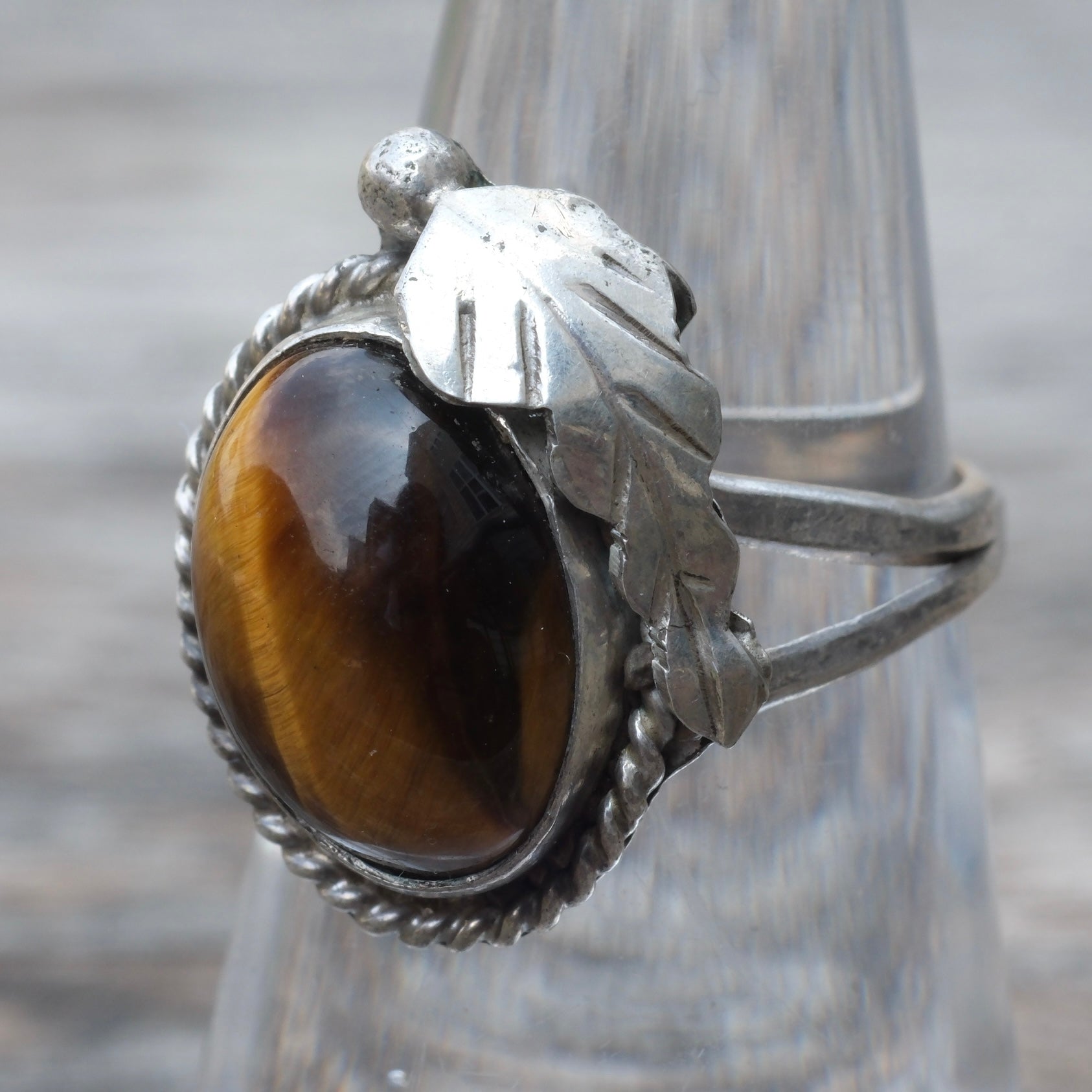 Vintage Sterling Tigers Eye Feather Ring 6.25