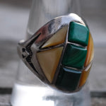 Vintage Sterling Malachite and Mother Of Pearl Inlay Ring 10.25