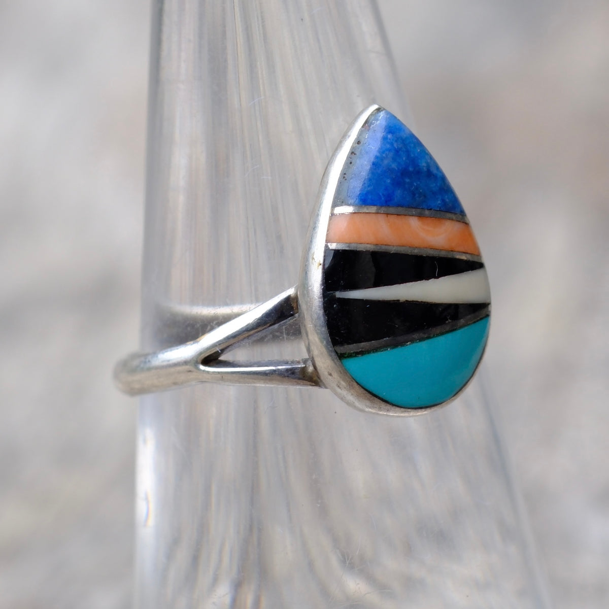 Vintage Sterling Multi Stone Inlay Ring 6.25