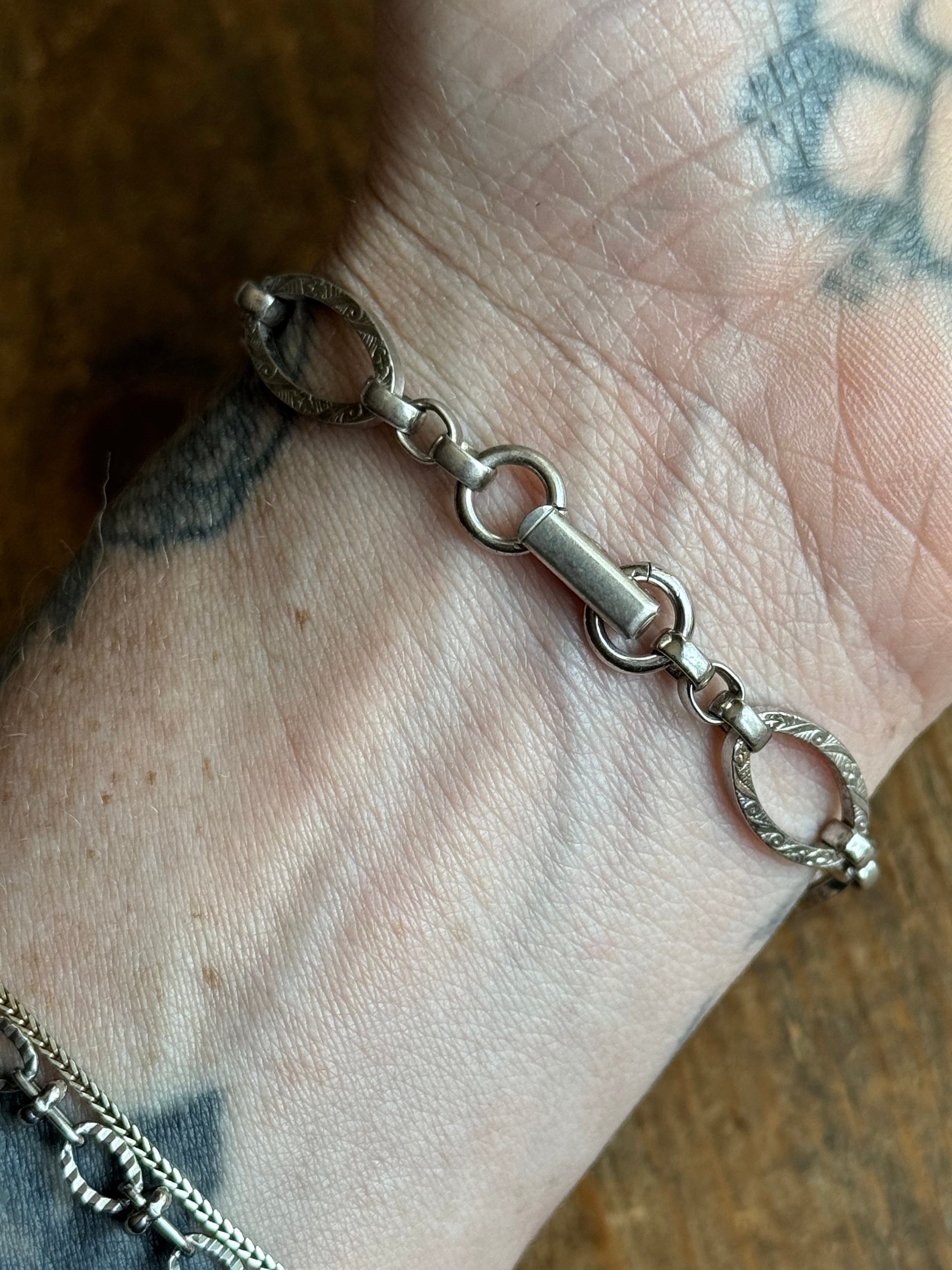 Vintage Sterling Silver 7” Etched Oval Link Chain Bracelet