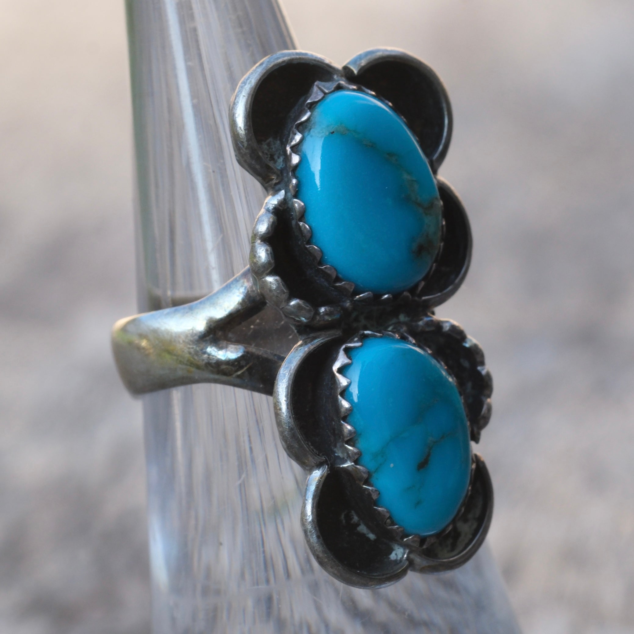 Vintage Sterling 2-Stone Turquoise Florette Ring 5