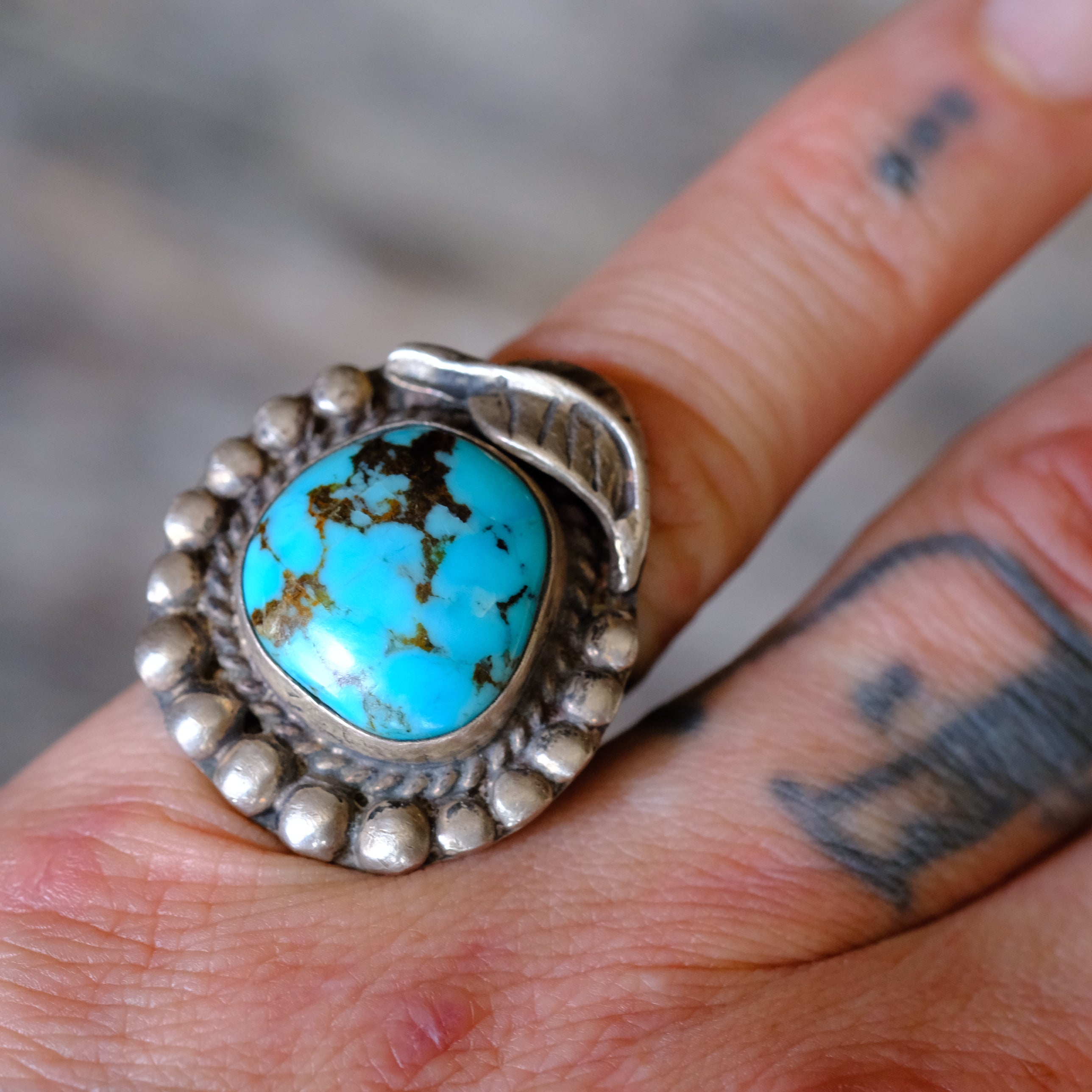 Vintage Sterling Turquoise Feather Ring 6.5