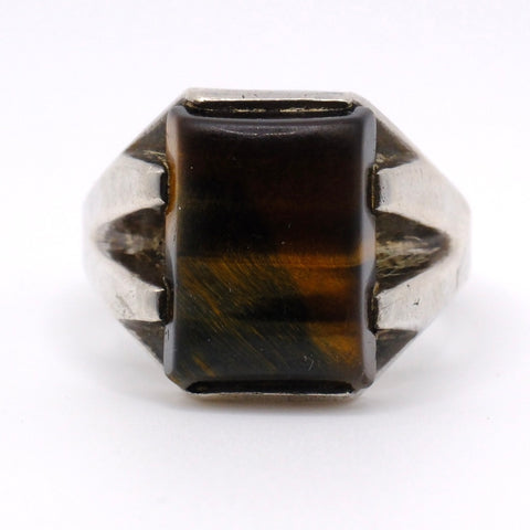 Vintage Sterling Tigers Eye Deco Signet Ring 10.75