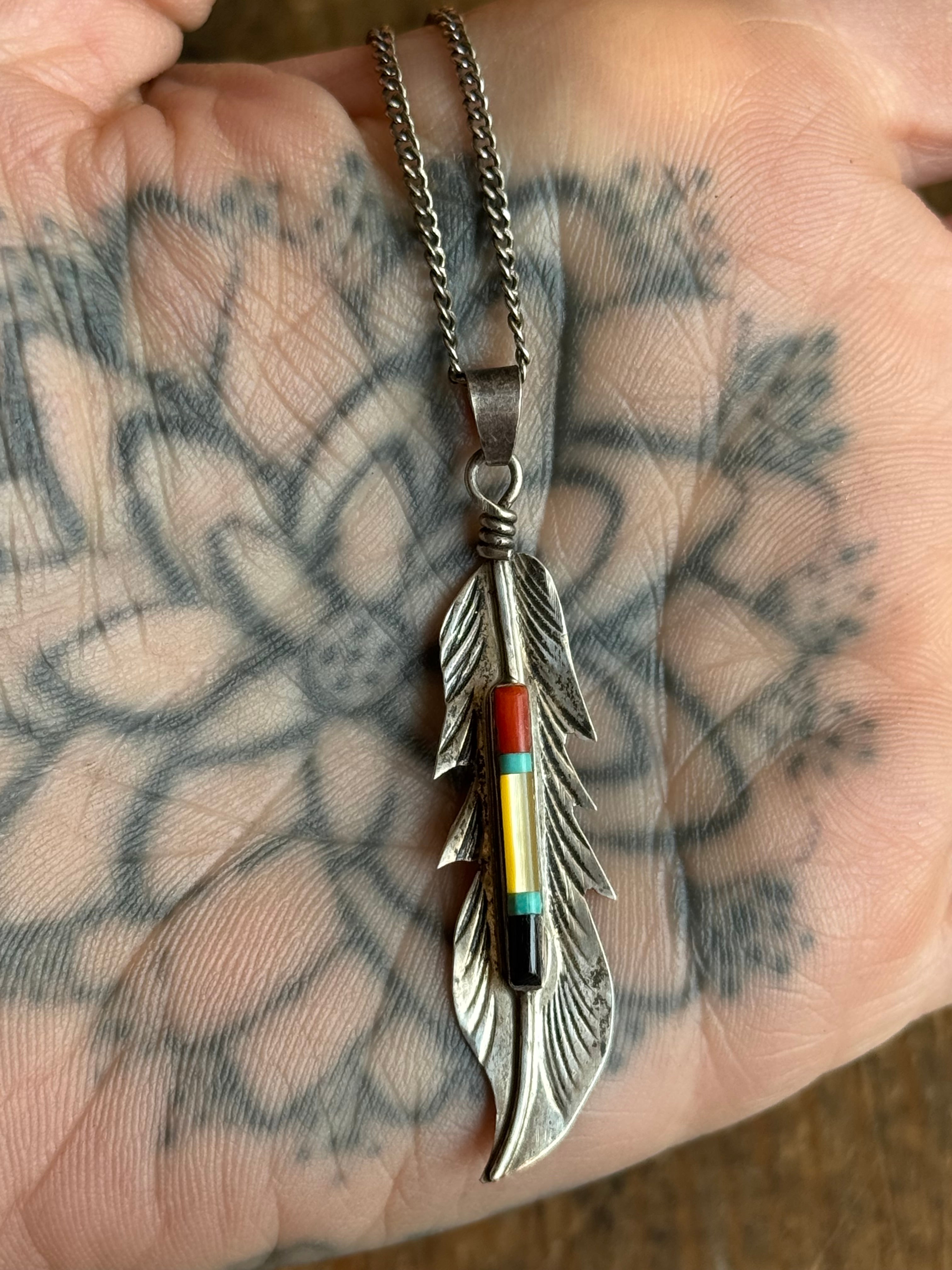 Vintage Sterling Silver Multistone Inlay Feather 20" Necklace