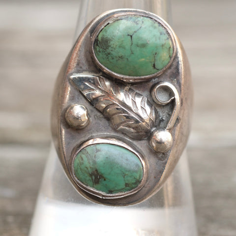 Vintage Sterling 2-Stone Turquoise Feather Ring 9.5