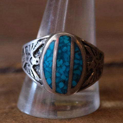 Vintage Sterling Crushed Turquoise Inlay Thunderbird Ring 12.5