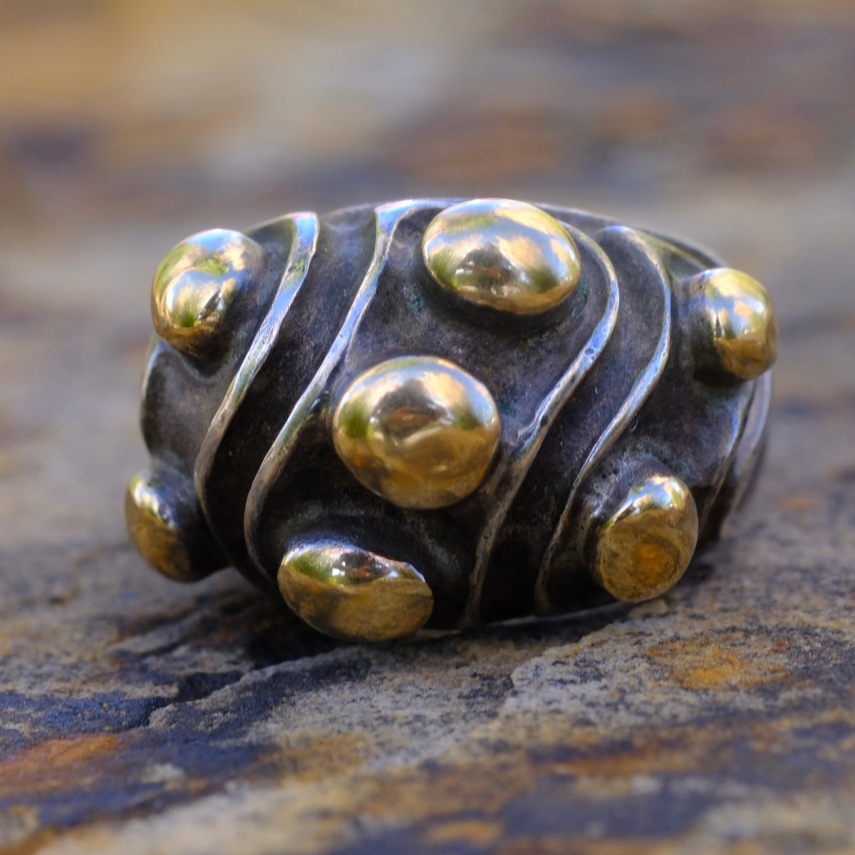 Vintage Sterling and 18K Gold Ring 6.75 Caviar-Lagos