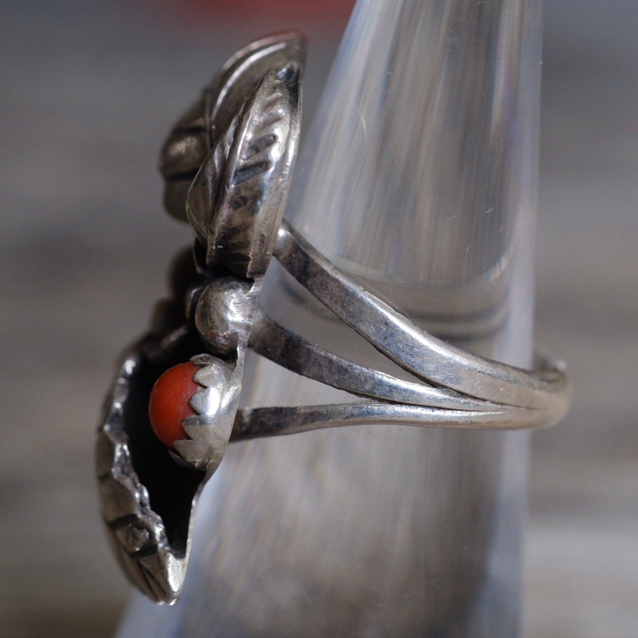 Vintage Sterling Turquoise and Coral Feather Ring 6.5