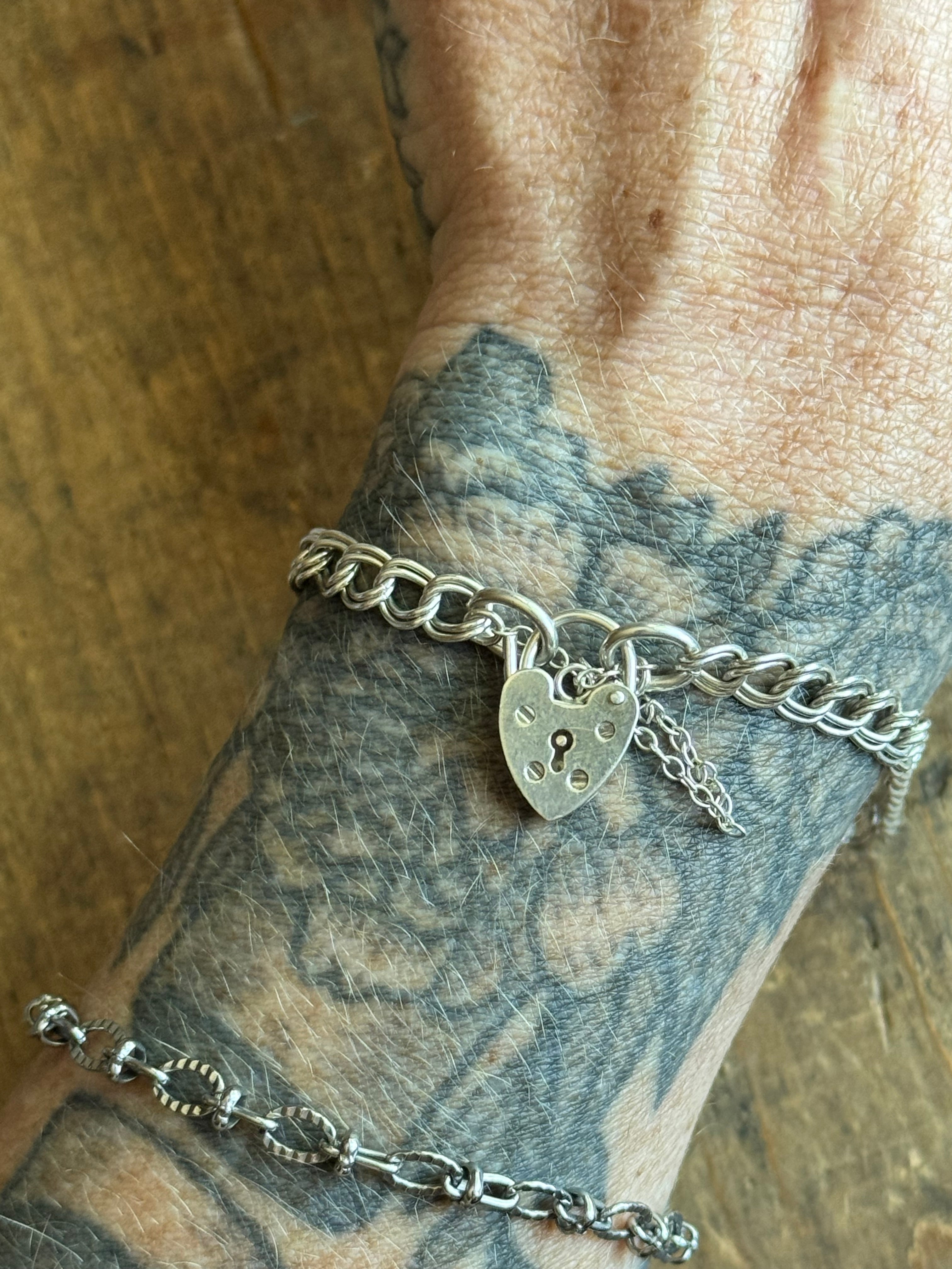 Vintage Sterling Silver Padlock Heart Double Link Chain Bracelet 7.5"
