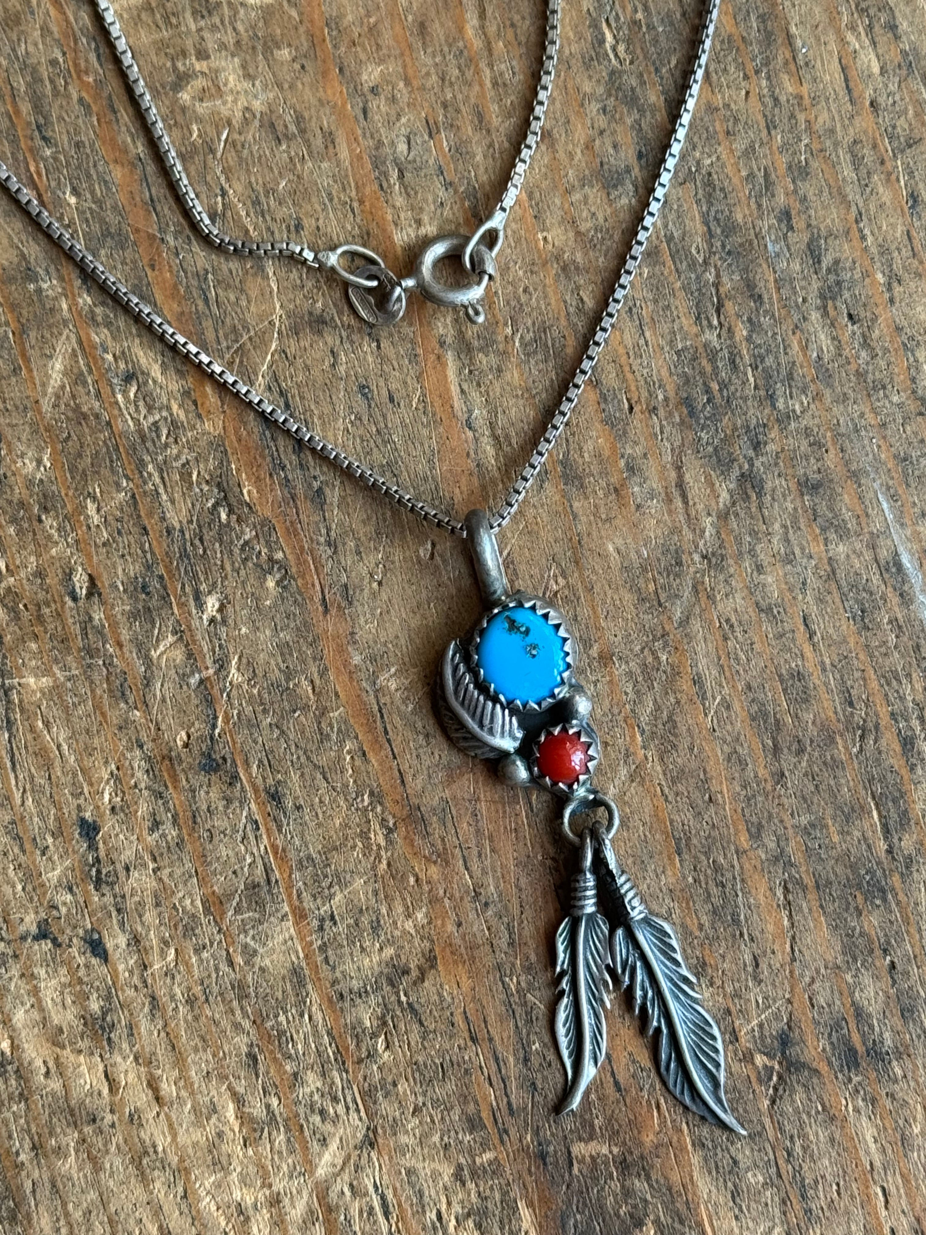 Vintage Sterling Silver Turquoise & Coral Feather 20" Necklace