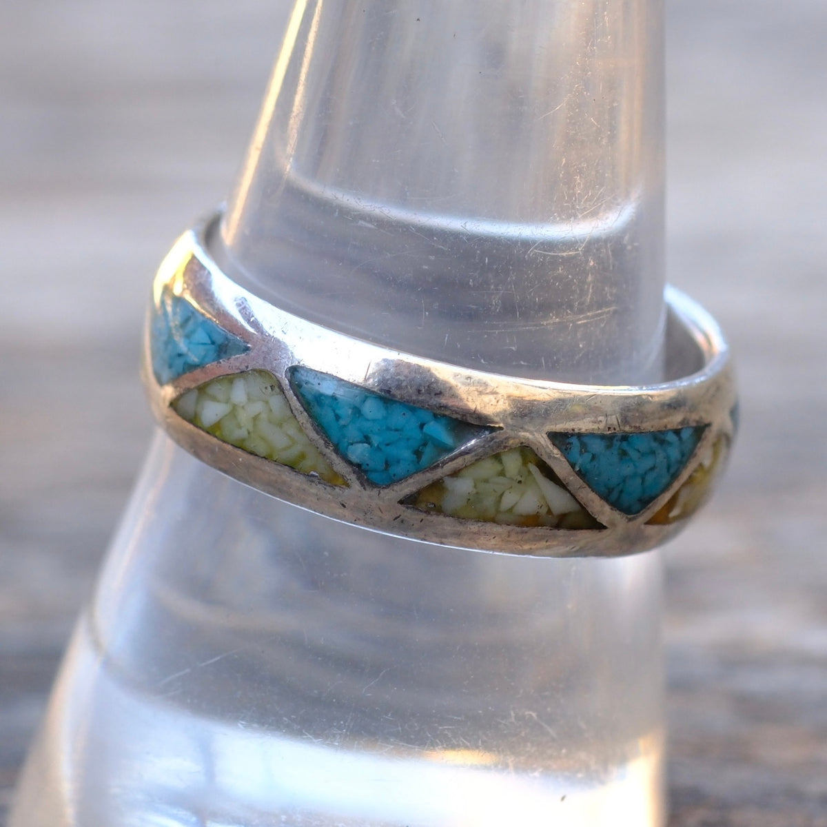 Vintage Sterling Turquoise and Mother Of Pearl Inlay Band 9.75