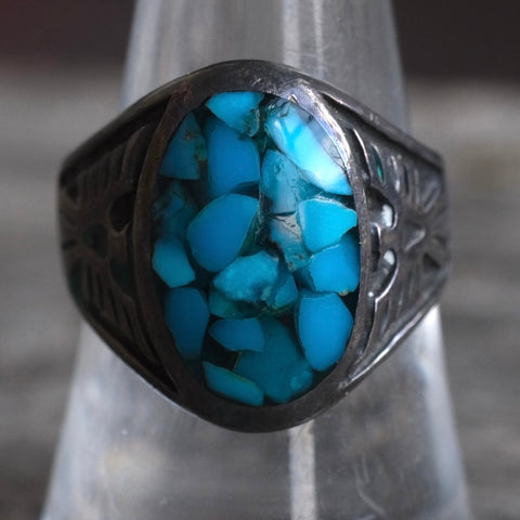Vintage Sterling Turquoise Chip Inlay Thunderbird Ring 8