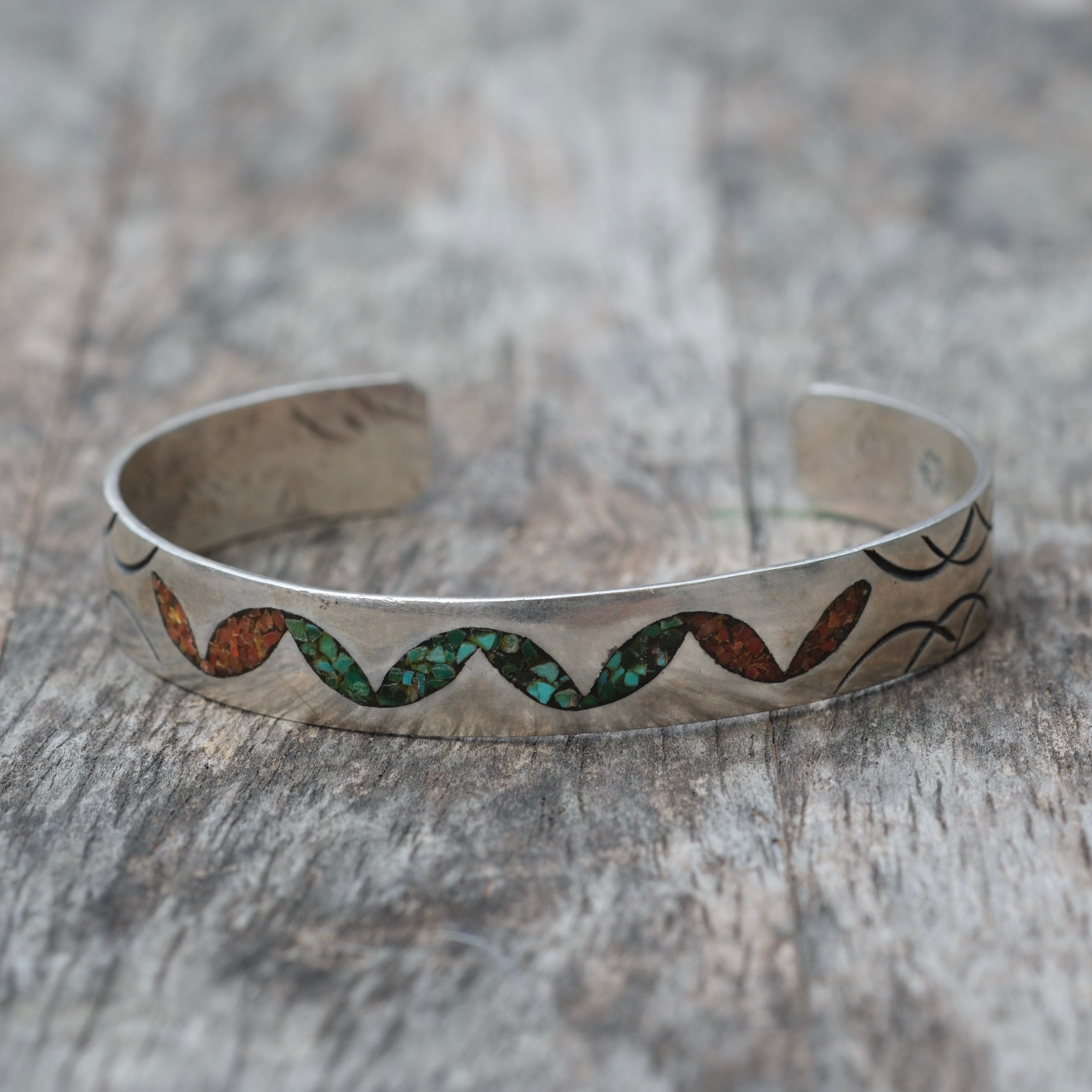 Vintage Sterling Turquoise and Coral Inlay Cuff Bracelet