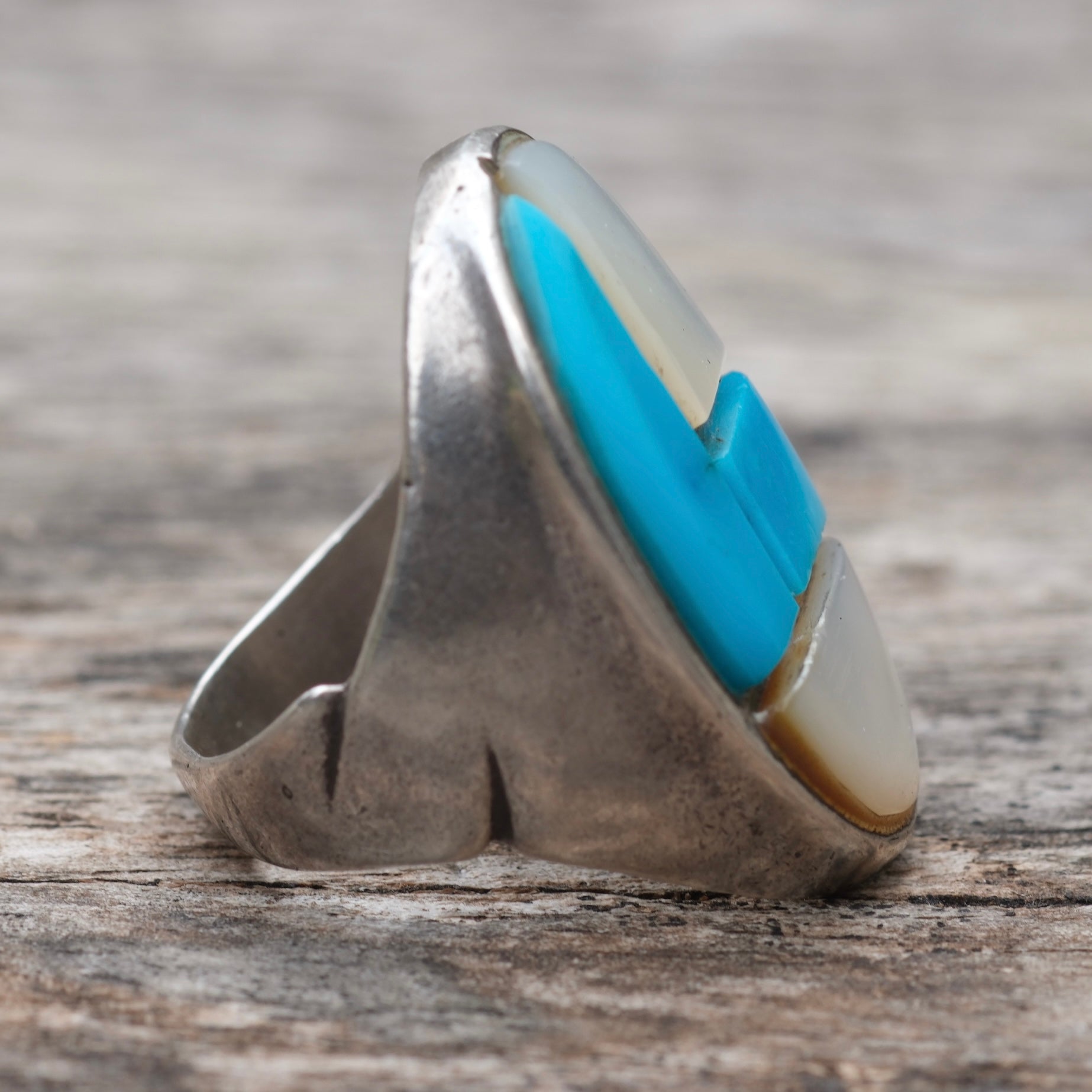 Vintage Sterling Turquoise and Mother Of Pearl Inlay Ring 8.25