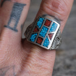 Vintage Sterling Crushed Turquoise and Coral Inlay Ring 11.5