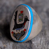 Vintage Sterling Inlaid Road Runner Ring 11.75