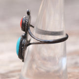 Vintage Sterling Turquoise and Coral Feather Ring 6.5