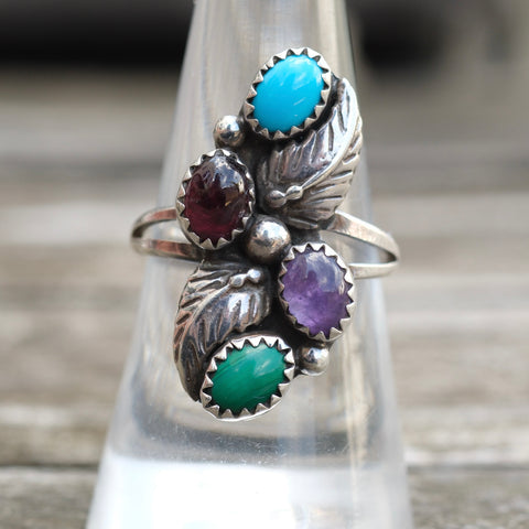 Vintage Sterling Multistone Feather Ring 8.5