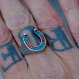 Vintage Sterling Crushed Turquoise and Coral Horseshoe Ring 9