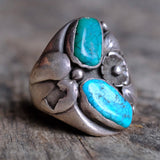 Vintage Sterling 2-Stone Turquoise Blossom Ring 9.25