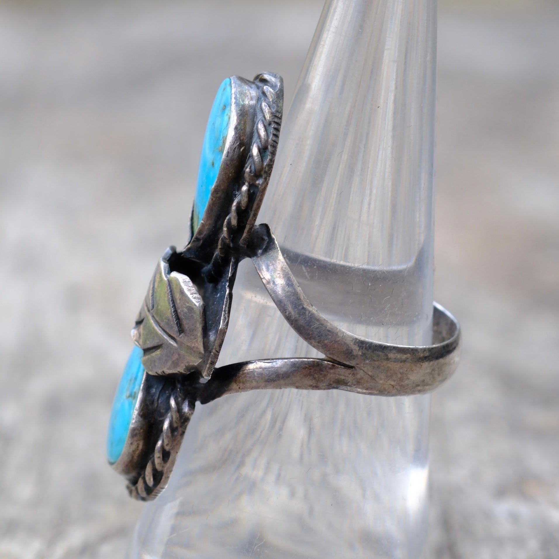 Vintage Sterling Silver Double Turquoise Leaf Ring 7.75