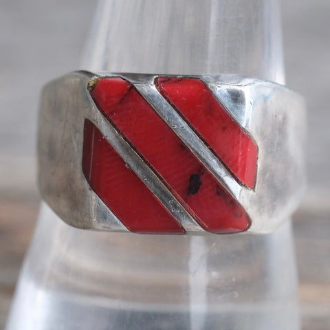 Vintage Sterling Red Jasper Inlay Striper Ring 9.75
