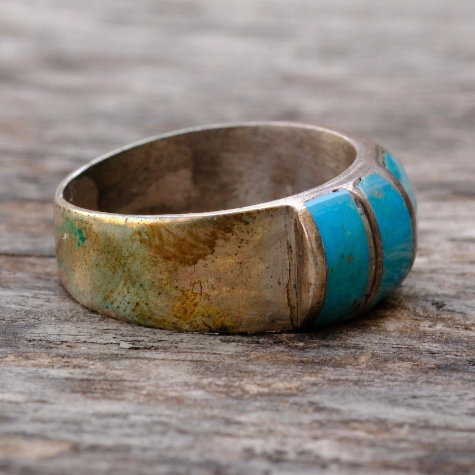 Vintage Sterling Turquoise Inlay Thick Band Ring 10.25