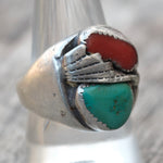 Vintage Sterling Turquoise and Coral Feather Ring 9.75
