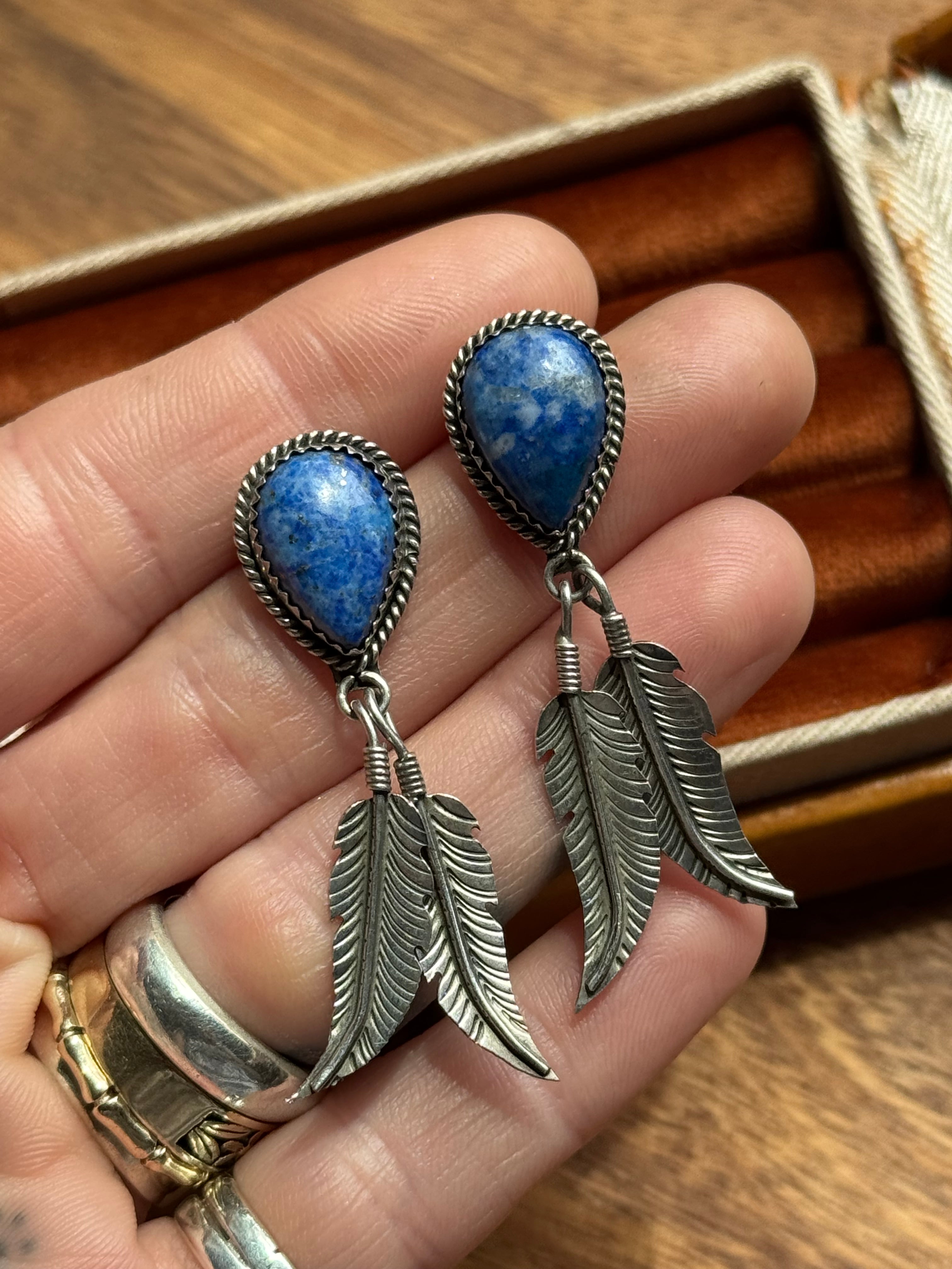 Vintage Sterling Silver Lapis Lazuli Teardrop Feather Earrings