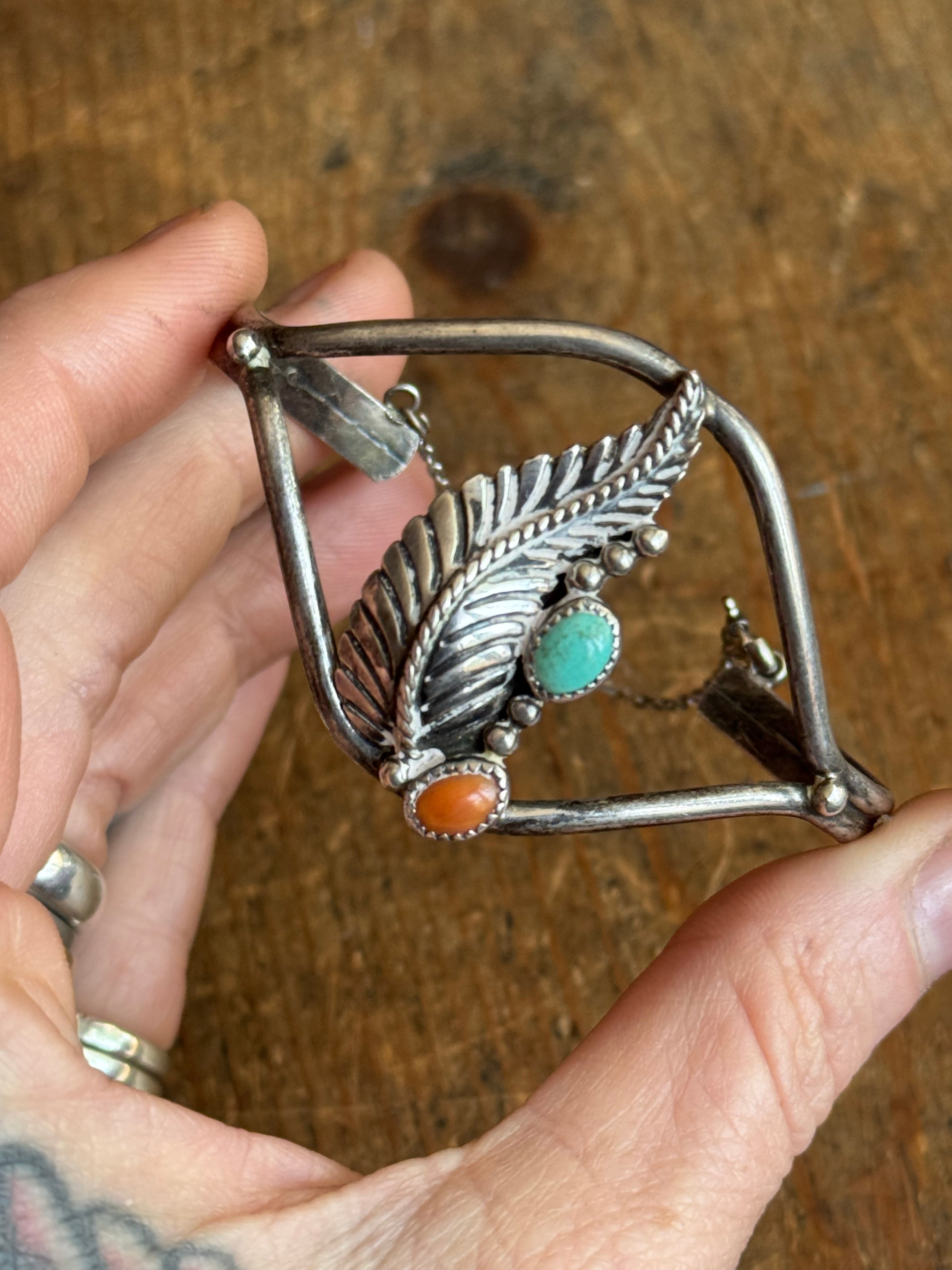 Vintage Sterling Silver Turquoise & Coral Leaf Cuff